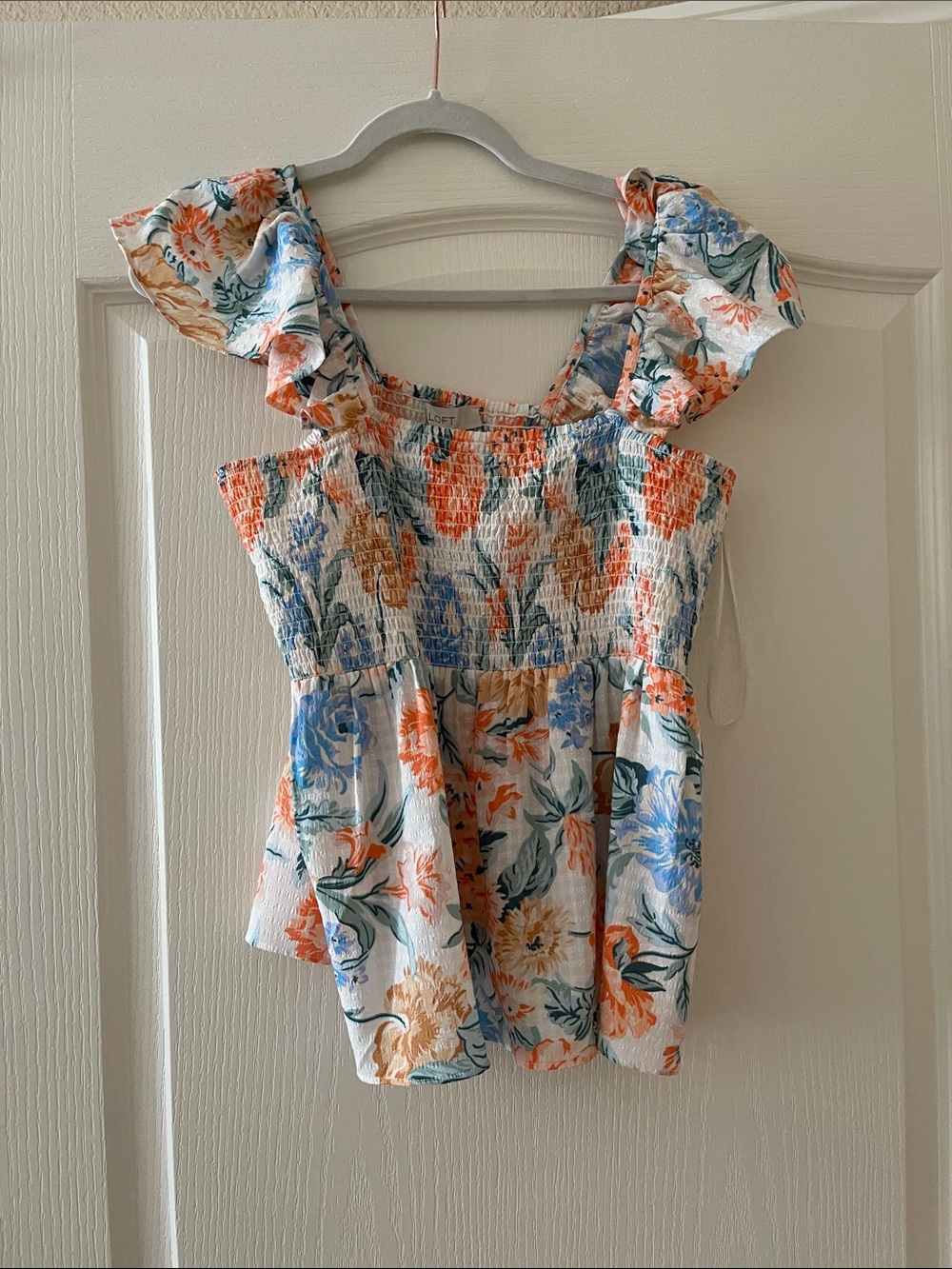 LOFT Floral Smocked top, Ruffle flutter sleeves ,White with Blue & Orange, XS